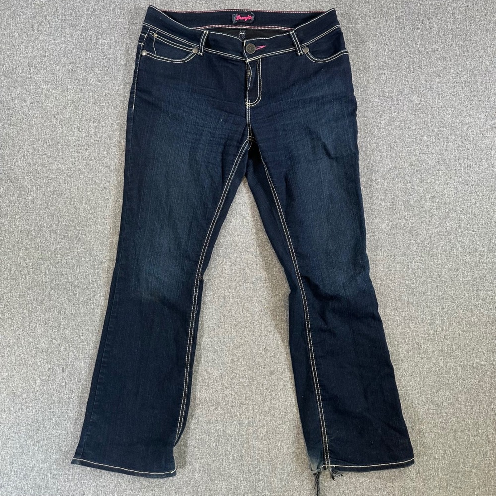Wrangler Jeans Women 13/14 10MWZBR Blue Contrast Stitch Bootcut Denim Distressed